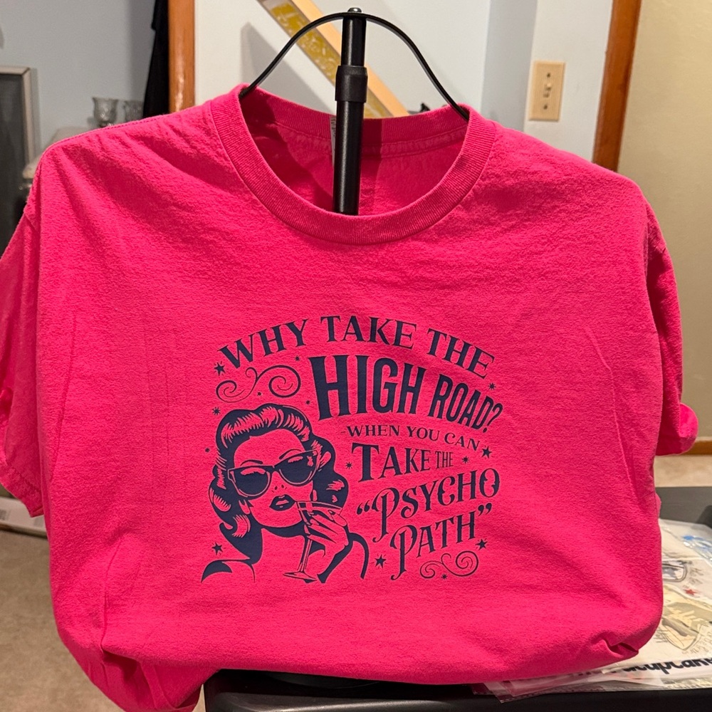 Gildan Hot Pink Short Sleeve Tee with Navy Retro Graphic